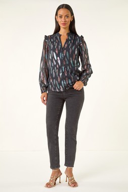 Roman Dusk Black Foil Print Tie Front Neck Top