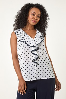 Roman Petite White Petite Contrast Spot Print Frill Top