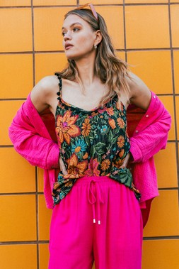 Roman Red Floral Printed Pom Pom Cami Top & Pink Full Length Linen Blend Trousers &