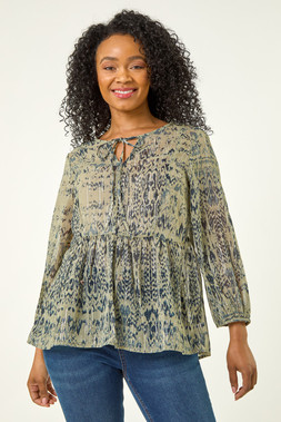 Roman Petite Khaki Metallic Aztec Print Top