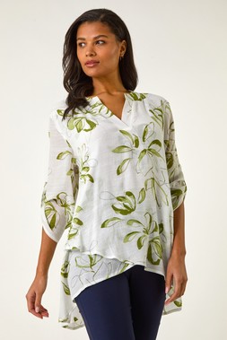 Roman Sage Floral Print Wrapped Hem Top