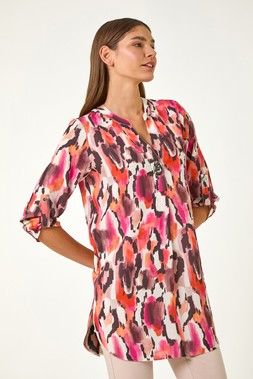 Roman Orange Abstract Print V-Neck Button Top