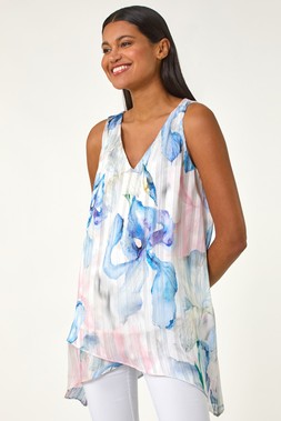Roman Blue Floral Print Layered Tunic Top