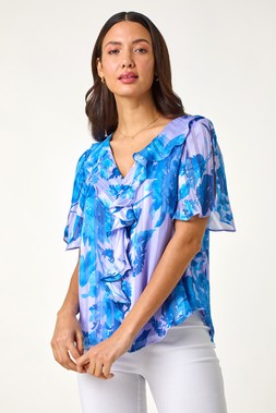 Roman Blue Floral Print Ruffle Top