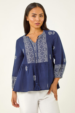 Roman Petite Print Tassel Tie Front Top