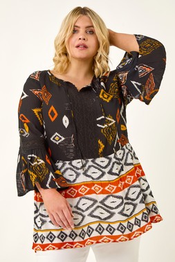 Roman Curve Ikat Print Woven Top