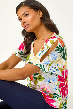 Roman Floral Print Angel Sleeve Top