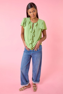 Roman Mint Tie Front Frill Top