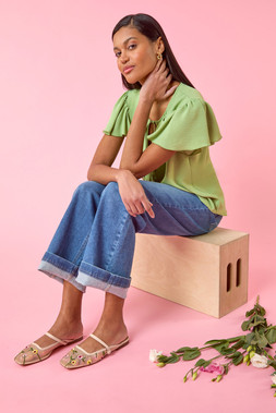 Roman Mint Tie Front Frill Top