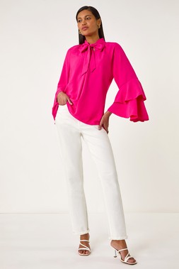 Roman Cerise Frilled Sleeve Tie Front Top