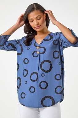Roman Denim Circle Print V-Neck Button Tunic Top