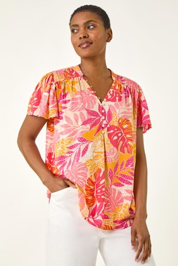 Roman Leaf Print Shirred V-Neck Top