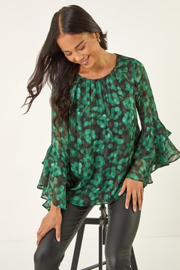 Roman Petite Green Floral Frill Sleeve Top