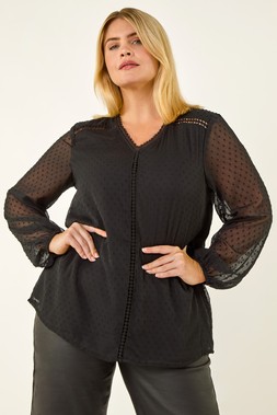 Roman Curve Black Textured V-Neck Top