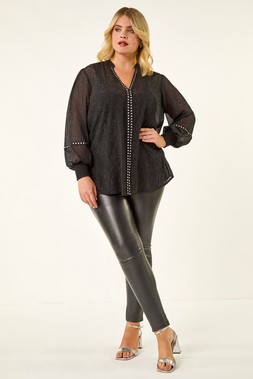 Roman Curve Black Shimmer Chiffon Blouse
