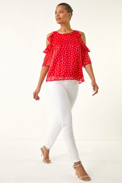 Roman Red Spot Print Frill Cold Shoulder Top