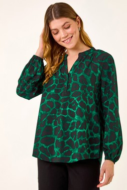 Roman Green Animal Print V-Neck Top
