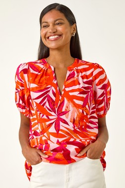 Roman Pink Tropical Pleated V-Neck Top