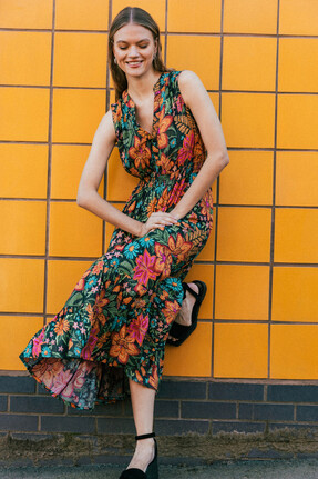 Roman Red Floral Shirred Maxi Dress