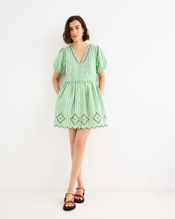 Green & Cream Gingham Embroidered V-Neck Mini Dress £75 €98