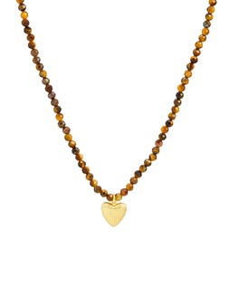 Hestia Tiger's Eye & Engraved Heart Charm Beaded Pendant Necklace £55