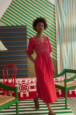 Red & Purple Striped Shirred Bodice V-Neck Midi Dress