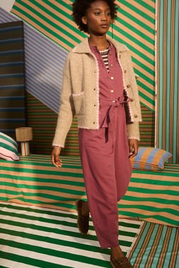 Camel Brown & Pink Blanket Stitch Collared Knitted Cardigan £75 & Grape Denim Button Up Tie Waist Jumpsuit £95