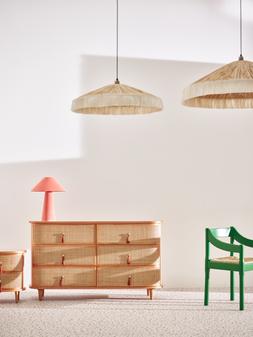 Oliver Bonas Velluto Desk & Table Lamp £88 - Kinship Rattan Bedside Table £295 - Kinship Rattan Double Chest of Drawers £1150