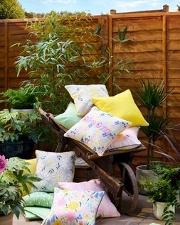 B&M GARDEN SS26 // GARDEN LIFE // PLAIN CUSHION £6 OR 2 FOR £10 // MULTI FLOWER CUSHION £6 OR 2 FOR £10 // BLOOM EMBROIDERED CUSHION £8 //