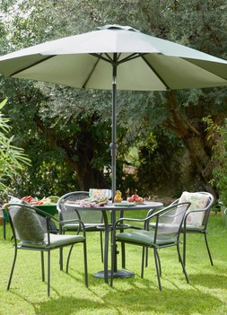 Lisbon 4 Seat Dining Set Grey £399, Wild Heritage Patterned 45x45 CUSHION £19.99, Sintra Glazed Terracotta Oil Drizzler Ochre £5.99, RSW Floral Picnic Plate in CDU 22cm 2-COL £2.99, Portofino Wine Glasses 4PK Multi Coloured £16.99