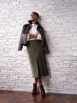 Long Sleeve Striped Top £10, Faux Leather Jacket £35, Cord Straight Midi Skirt £22