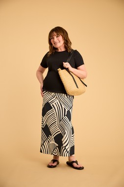 Crew Neck T-Shirt £5, Abstract Linen Tie Waist Skirt £20 & Straw Bucket Tote Bag £18