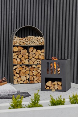 ARCHWAY SCULPTURAL LOG STORAGE NATURAL BLACK H125CM W73CM &pound;399.99 & OUTDOOR LIBRA CONTEMPORARY FIRE PIT IN MATT BLACK H55CM W45CM &pound;229.99