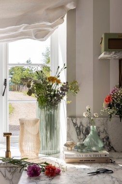 AIRLIE RIBBED SNOWDROP STEM VASE SAGE GREEN H16.5CM £14.99, AIRLIE RIBBED VASE APRICOT H27CM £19.99, DAPHNE RIBBED VASE SAGE H38CM £39.99