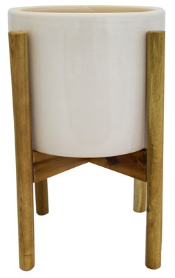 Anzio Stone White Planter With Wooden Stand 24cm &pound;54.99