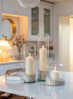 Glass Hurricane Lantern With Sand H31cm D23cm 34.99, Glass Cylinder Lantern With Sand H26cm D12cm &pound;29.99, Glass Cylinder Lantern With Sand H31cm D12cm &pound;34.99