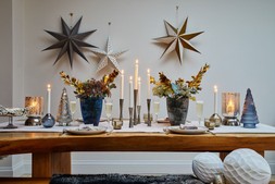 Juniper Blue Glass Tree H31Cm D14Cm &pound;29.99, Juniper Silver Glass Tree H31Cm D14Cm &pound;29.99, Charcoal Ribbed Tall Vase H24.5cm W18cm &pound;24.99, Navy Ribbed Tall Vase H24.5cm W18C, Regency Metallic Tiered Vase Silver H23.5cm D15cm &pound;39.99, Parker 5 Piece Silver Candle Centerpiece H42cm W27.5cm &pound;59.99