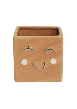 TAN SQUARE SLEEPY FACE PLANTER H10.5CM D10.5CM
