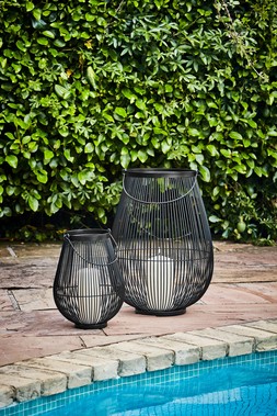 VENERE LANTERN BLACK WITH GLASS INSERT H34CM W26CM &pound;59.99 & VENERE LANTERN BLACK WITH GLASS INSERT H46CM W35.5CM &pound;99.99