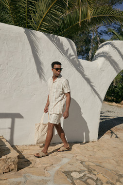 Stone Chevron Stripe Textured Cotton Short Sleeve Shirt