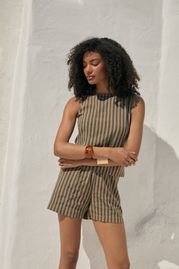 Chocolate Brown Stripe Boxy Fit Shirt & Shorts Set