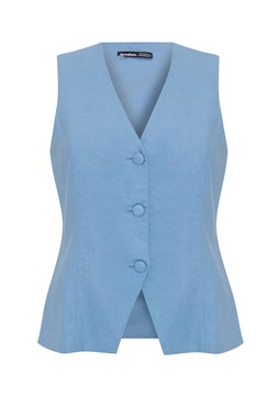 Blue Linen Blend V-Neck Waistcoat