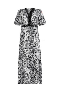 Grey Cheetah Lace Trim Puff Sleeve Midi Tea Dress