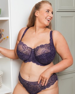 LOVELACE DEEP PURPLE SIDE SUPPORT BALCONY BRA £32 & BRAZILIAN BRIEF £16