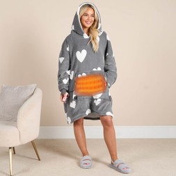 OHS Adults Heart Print Heated Hoodie Blanket - Charcoal - £29.00