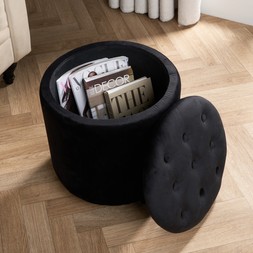 OHS Matte Velvet Button Top Storage Ottoman - Black