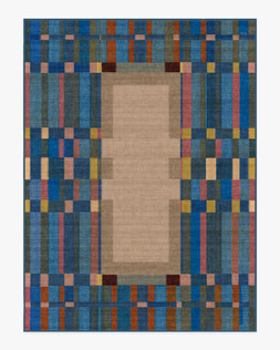 Ruggable - Jungalow Collection - Lad Blue - 275 x 365 cm - Flatwoven £799, Tufted £1,049 (Aerial)- EMBARGOED UNTIL 2ND JULY 2026- EMBARGOED UNTIL 2ND JULY 2026