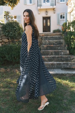 Yaz Sleeveless Polka Dot Midi Dress Blue