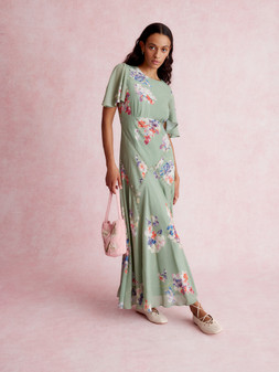 Amber Flutter Floral Print Maxi Dress Green