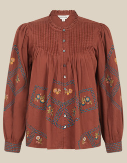 Sadie Embroidered Pintuck Blouse Orange